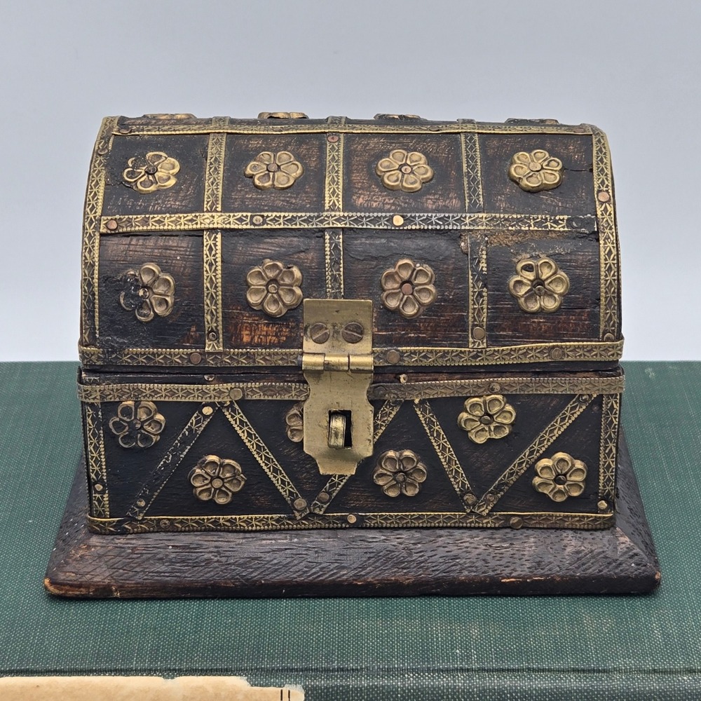 Vintage Wooden Domed Chest Trinket Box Brass Flowers Inlay Rustic Boho Decor
